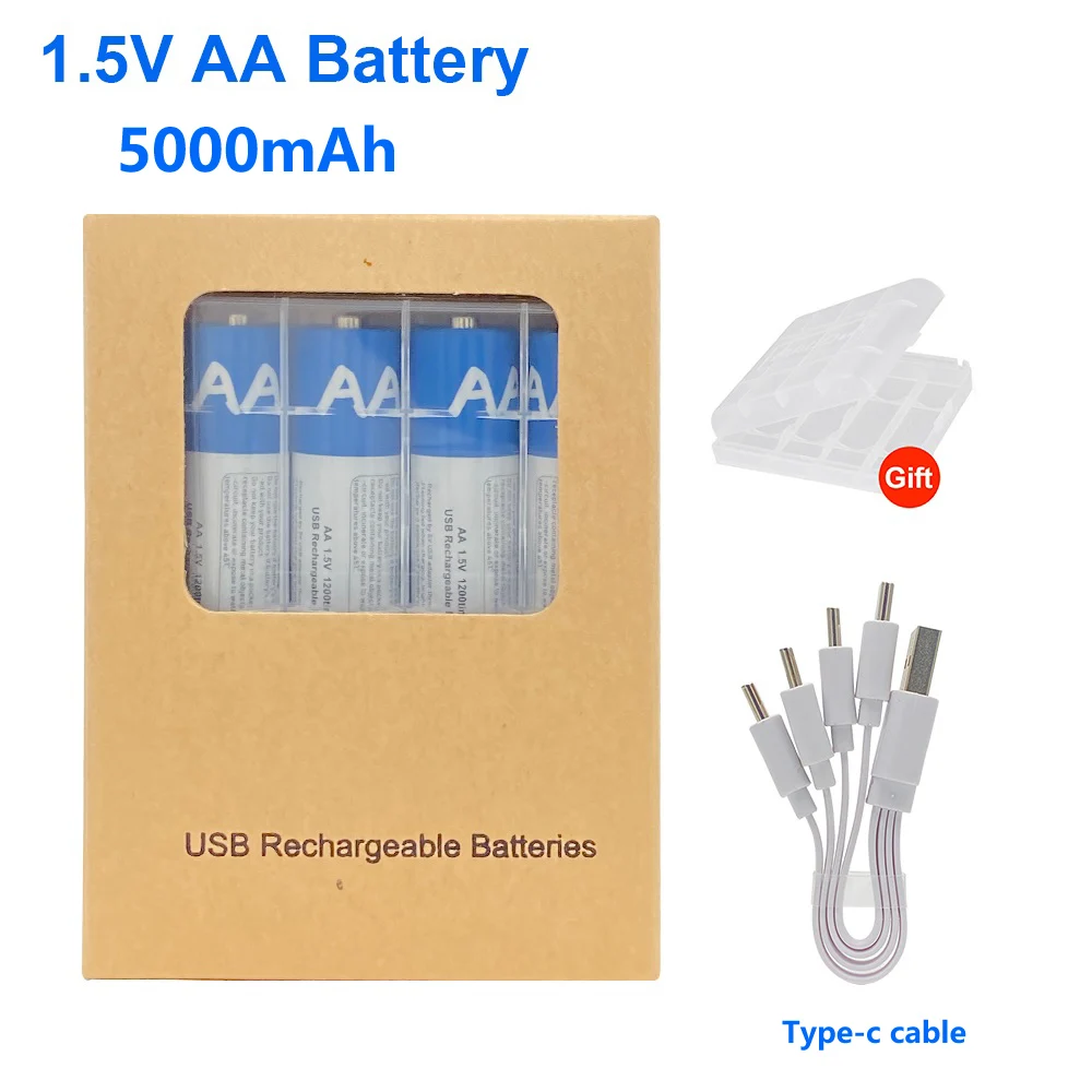 

1.5V AA 5000mAh Rechargeable Battery USB AA Li-ion Batteries for Fingerprint Lock Camera Toy Car Wireless Mouse + Type-C Cable