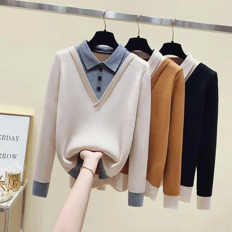 Casual Temperament Oversize Women's Top 2023 Autumn and Winter New Patchwork Buttons POLO Collar Long Sleeved Pullover Shirt