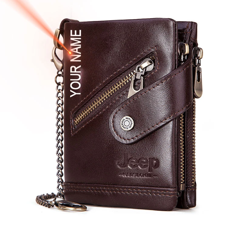 Cartera de cuero genuino para monedero bolsillo RFID con broche corto, Tarjetero con cadena, portafolio, monedero de calidad|Carteras| - AliExpress