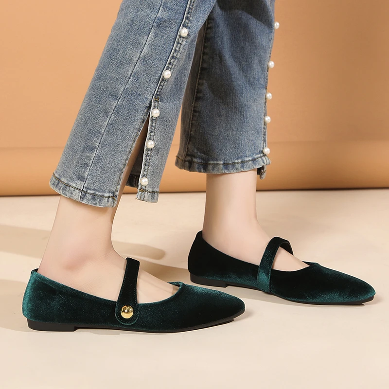 Elegant Velvet Ballet Flats Woman Luxury Velour Mary Jane Shoes Ladies Pointed Toe Buckle Strap Loafers In Purple Green 5