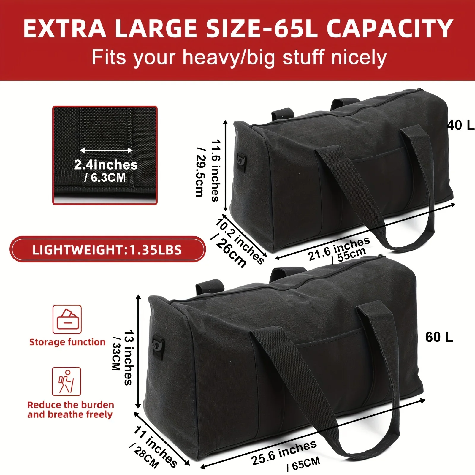 Duffle Bag with Wide Handles and Adjustable Shoulder Strap Large Foldable Travel Bag Camping Gym Luggage Bag 40L/65L