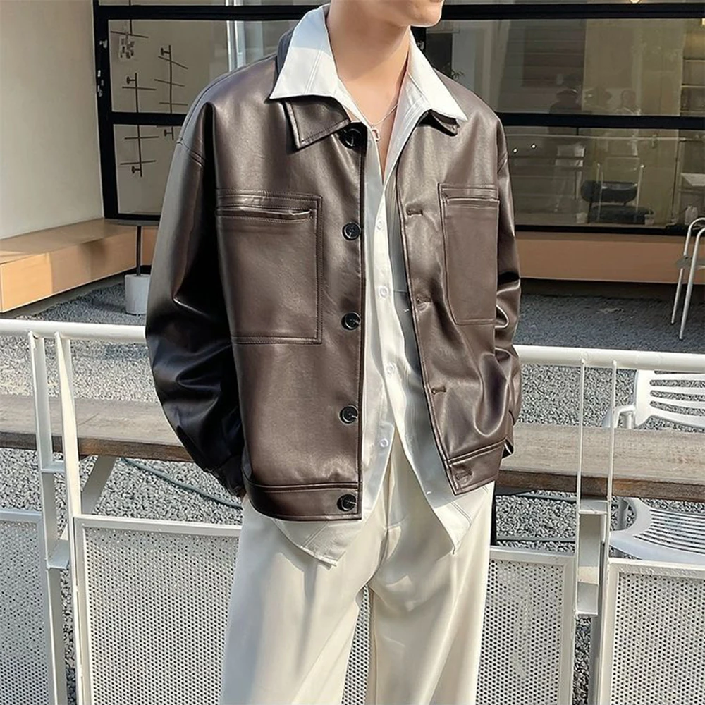 Giacca in pelle da uomo autunno moda Y2k tendenza tinta unita risvolto casual corta giacca da motociclista in pelle da strada americana da uomo 4