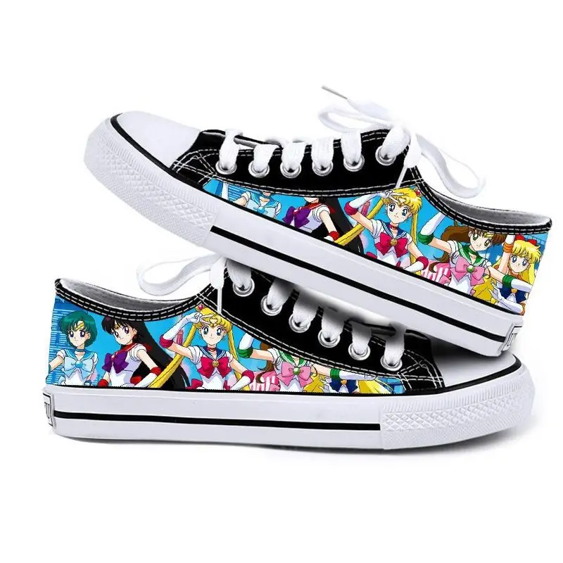 Zapatos de lona de corte bajo con grafiti pintado a mano creativo de Sailor Moon, zapatillas casuales simples y cómodas para estudiantes