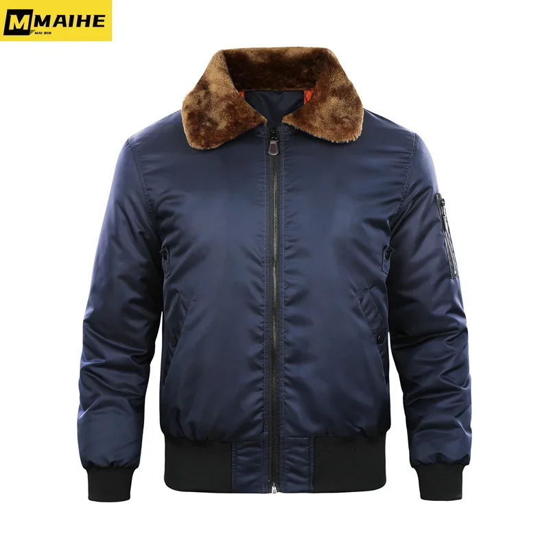 B-15 Retro Bomber Jacket Men's Winter Aviator Fur Collar Thickened Warm Padded Jacket Men's Tactical Hunting Windproof Parka