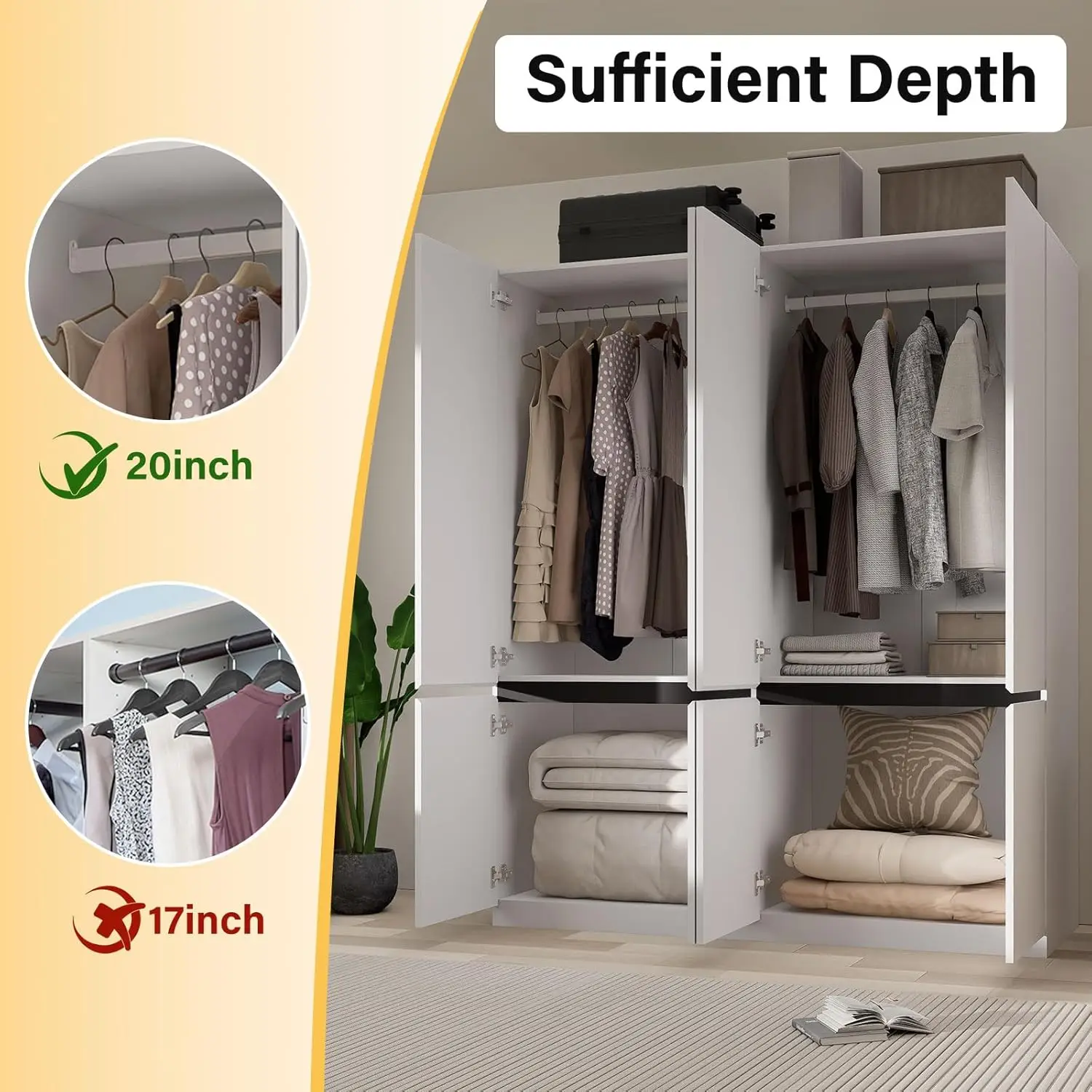 NEW 4 Doors Armoire Wardrobe Closet with Mirror, Wooden Bedroom Armoires with Hanging Rod, Freestanding Wardrobe Cabinet 5