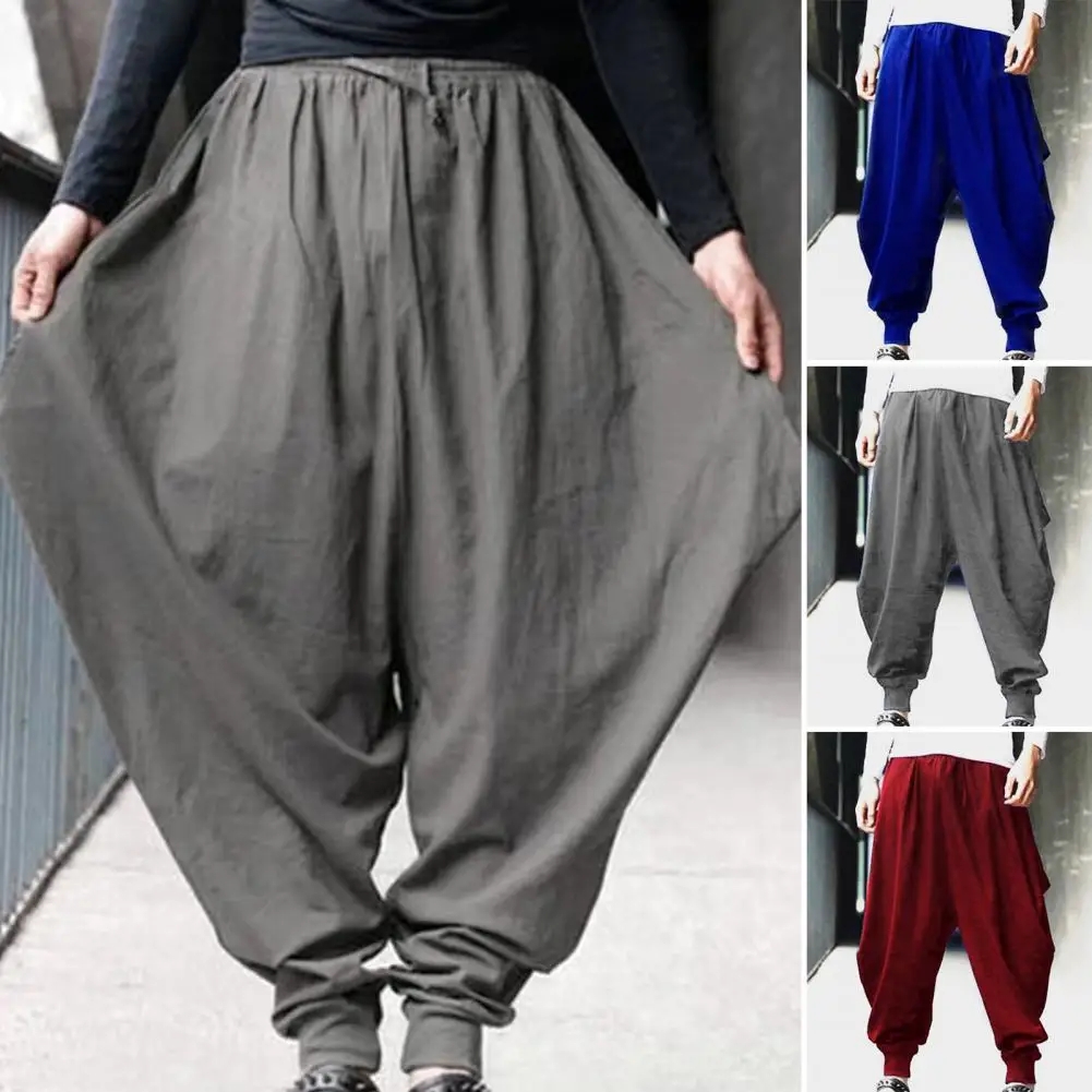 

Men Long Trousers Retro Style Men's Loose-fit Harem Pants Elastic Waist Solid Color Drawstring Long Trousers for Streetwear