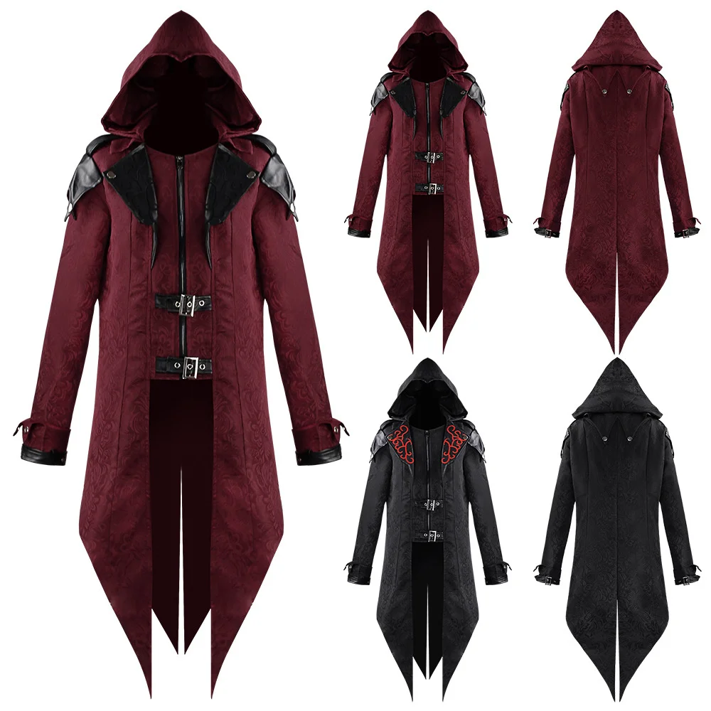 

Vintage Halloween Medieval Steampunk Witch Costume Adult Men Black Red Long Split Jacket Gothic Armor Leather Coats