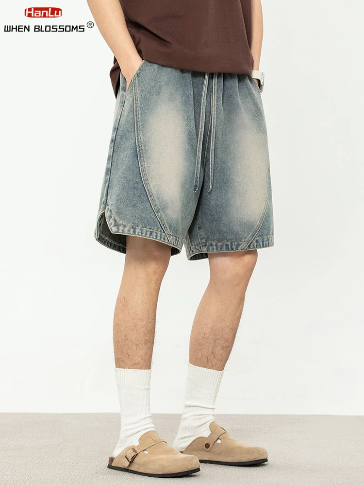 Vintage Washed Denim Shorts Men Summer Loose Fit Split Design Casual Streetwear American Fashion Cargo Jean Shorts