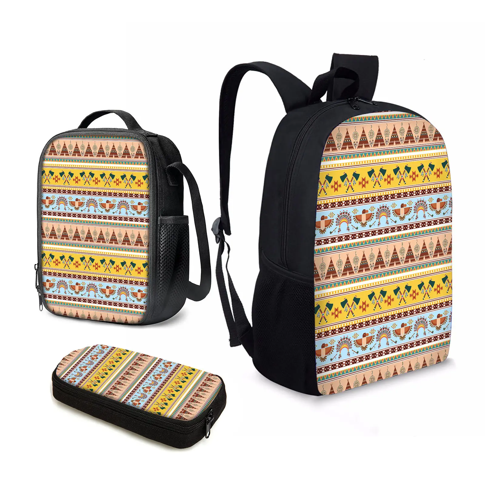 

YIKELUO New Indian Tribal Ethnic Style Print Teen Laptop Mochilas With Zipper Waterproof Travel Backpack Insulated Lunch Bag