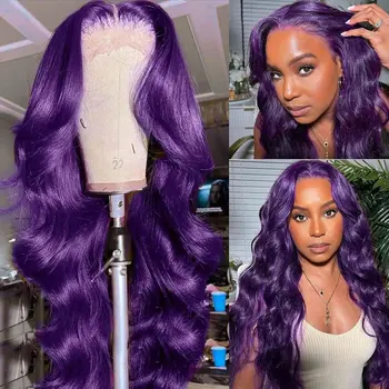 Dark Purple Body Wave Human Hair Wigs 13x4 HD Lace Frontal Human Hair Wig 200% Colored Body Wave Lace Front Wig For Women 1