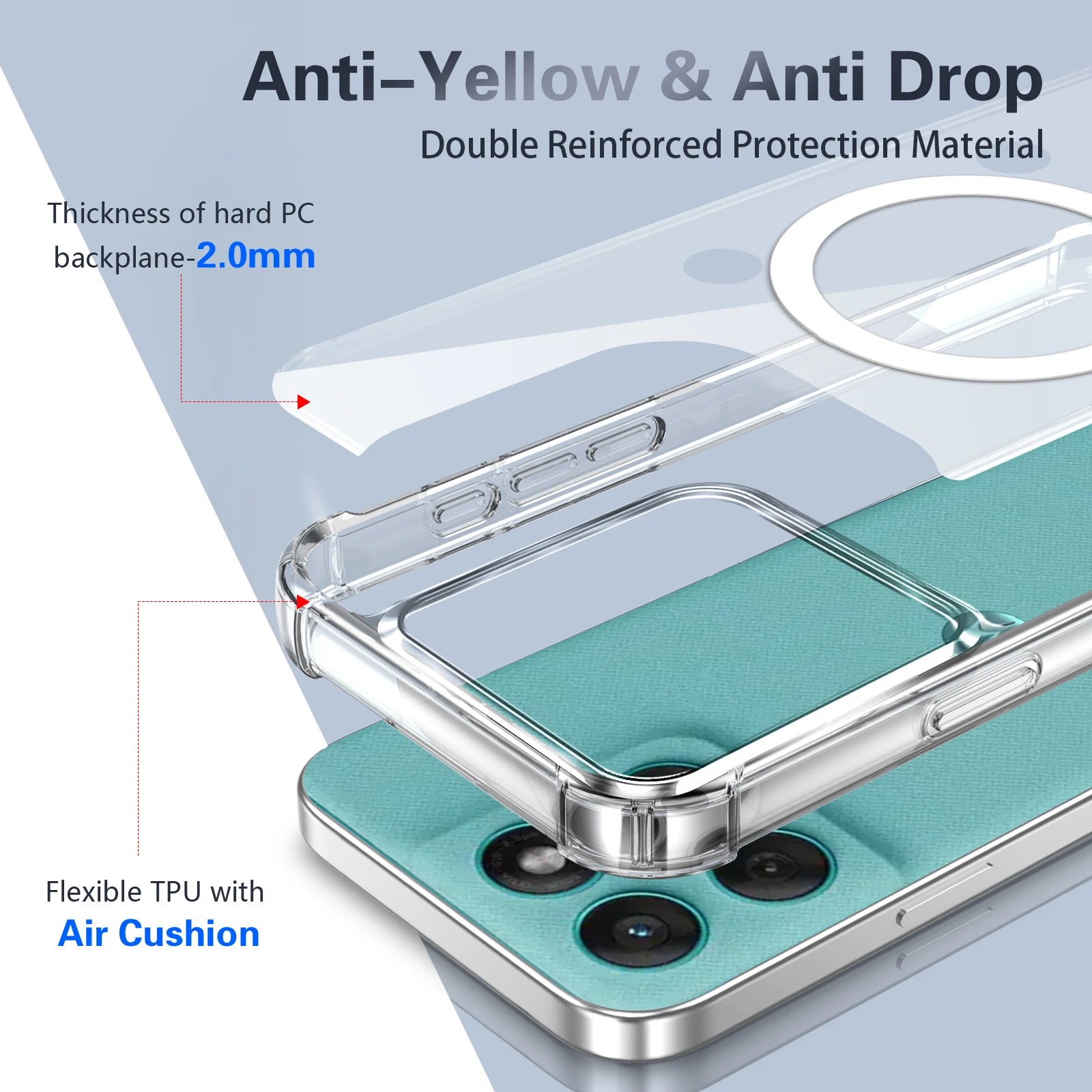 Magnetic Shockproof Clear Phone Case with Anti-Yellow Airbag Bumper and Camera Protection
