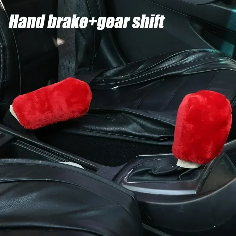 2pcs Warm Plush Car Shift Handle Cover Grip Non-Slip Protective Handbrake Grips Shift Knob Cover Interior Accessory