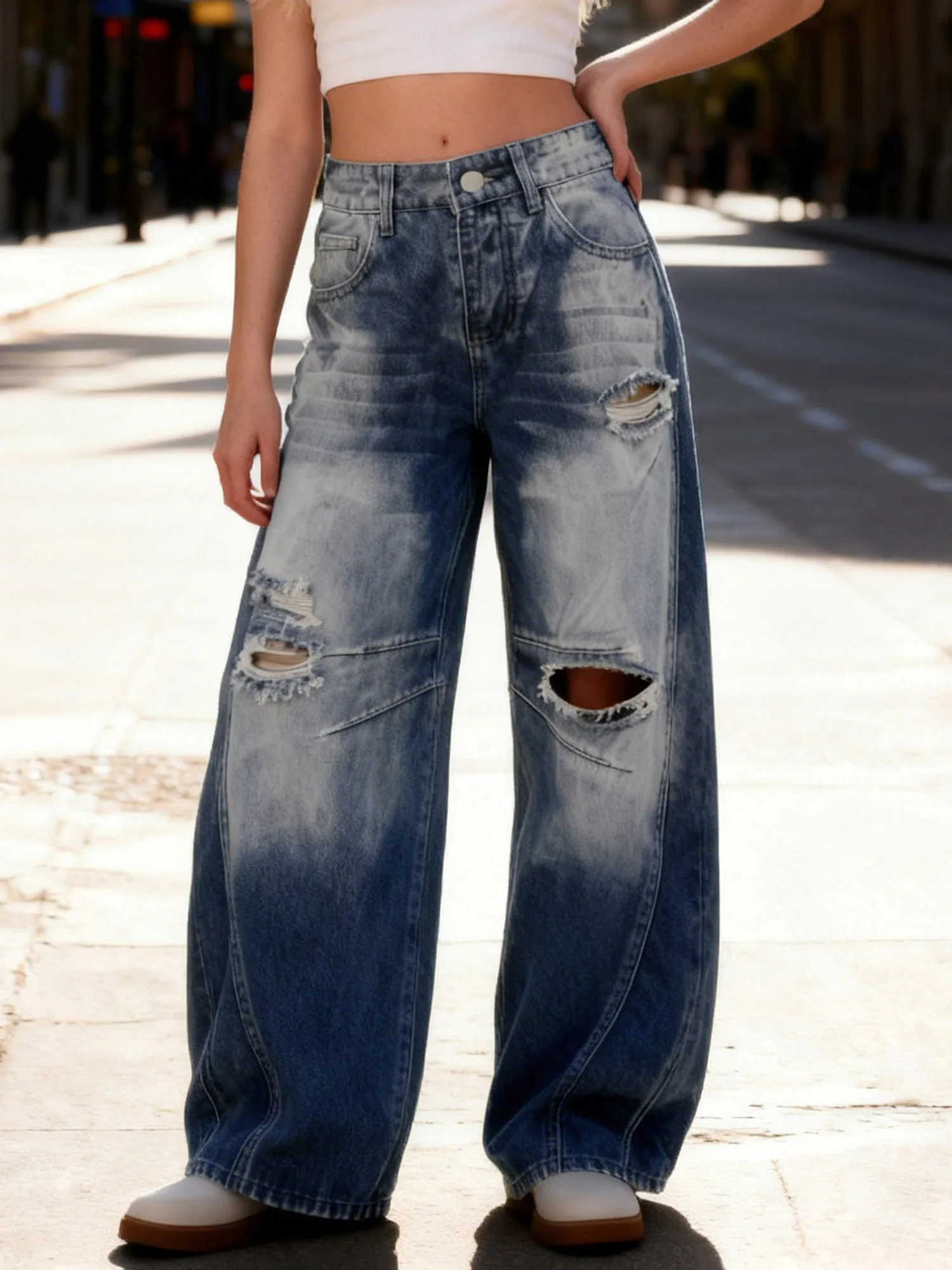 Women s Distressed Wide Leg Denim Pants High Waisted Vintage Loose Jeans with Stylish Pockets for Casual Street Style Fashion