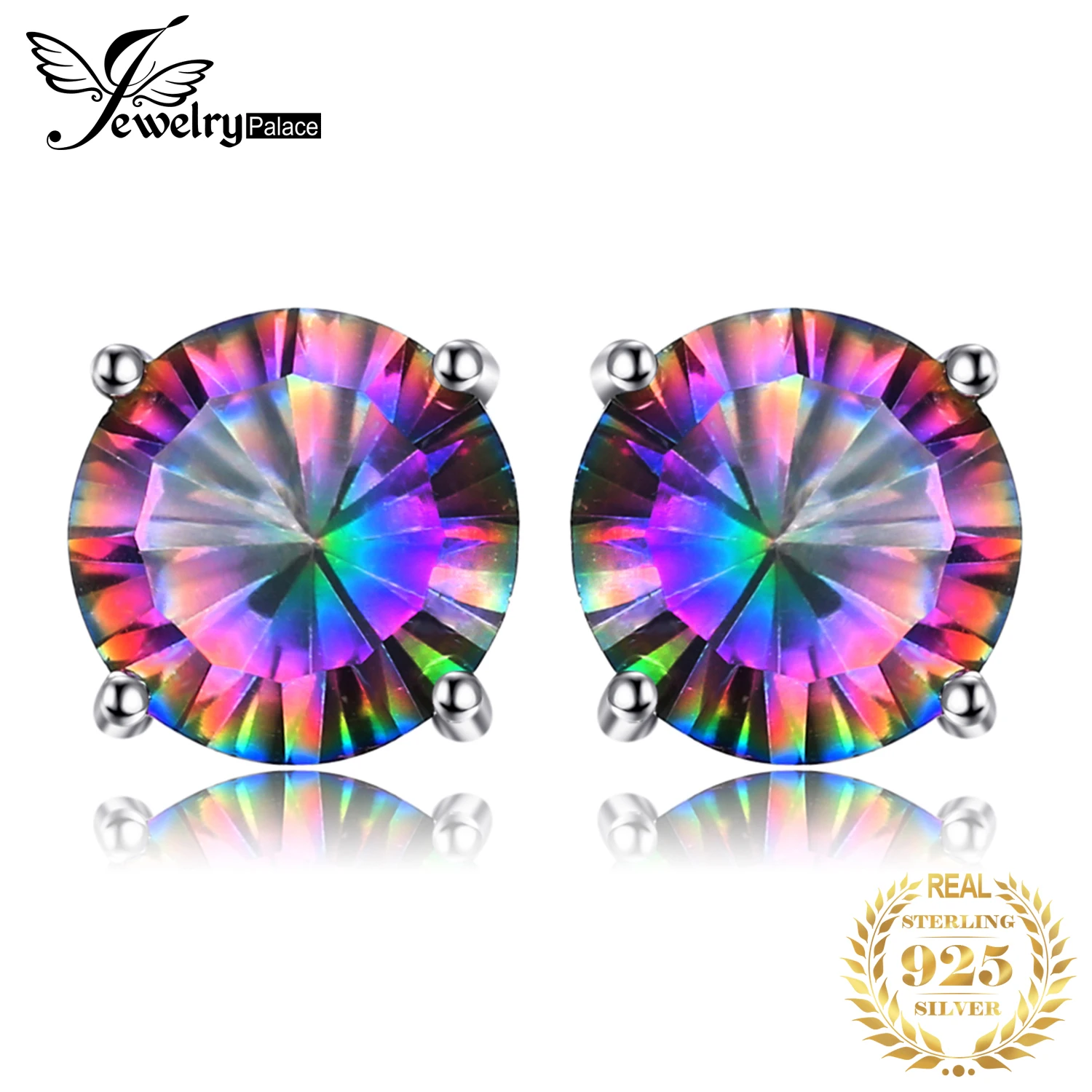 Tanio JewelryPalace okrągłe oryginalne Rainbow Mystic Quartz 925 kolczyki sztyfty