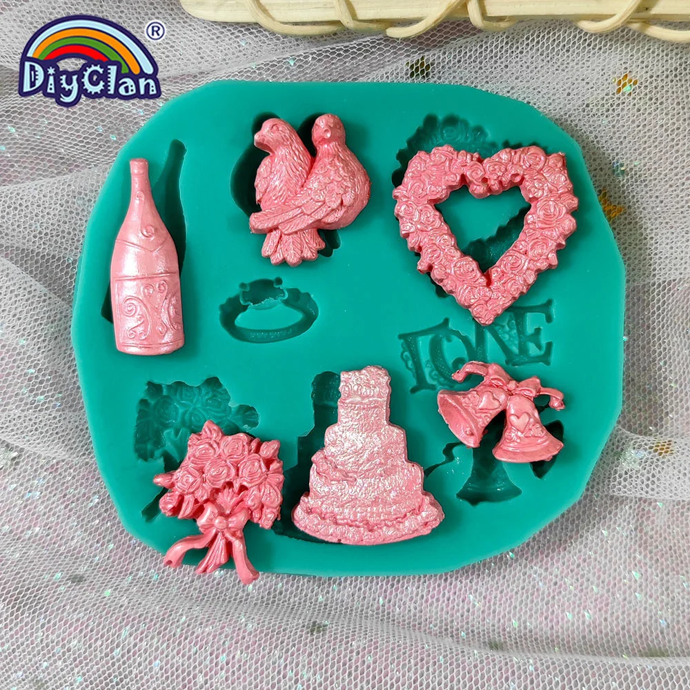 Liebes-Hochzeits-Rotwein-Ring-Glocken-Girlanden-Silikonform Valentinstag Fondant Kuchen Dekorieren Schokoladen-Ton-Harz-Epoxid-Form – Detail 4