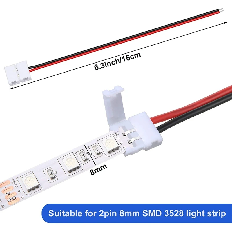 24Pcs 8mm 2 Pin LED Strip Light Connector for 8 mm Wide Flexible SMD 3528 2835 Single Color LED Strip Lights Solderless