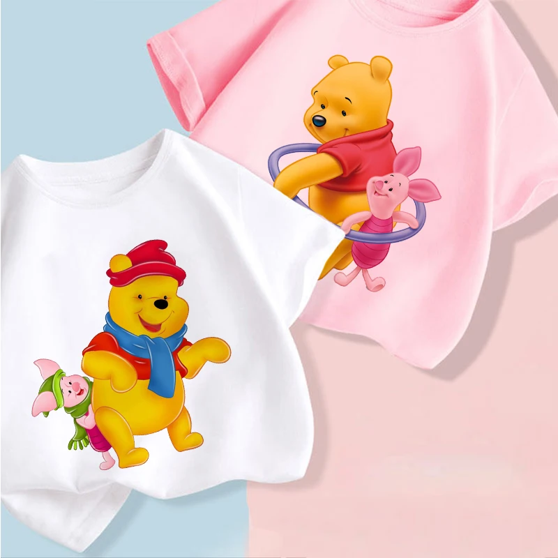 

Disney Summer Children Clothing Blouse Cute Pooh Cartoon Print T-shirt Fashion Boy Girl Tees Casual Baby 2 To 7 Years Old Unisex