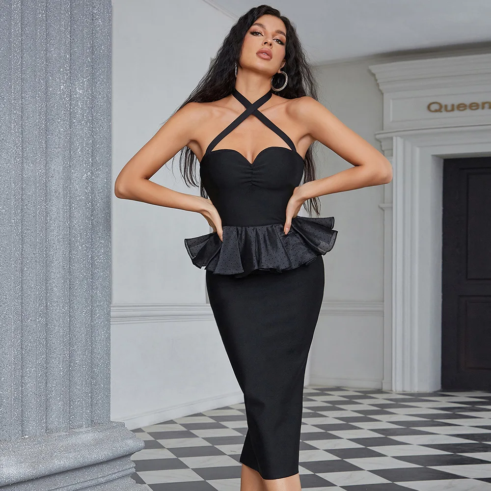 

High Quality Sexy Halterneck Bodycon Bandage Dress Elegant Sleeveless Fashion Ruffle Edge Long Style Club Evening Party Dress