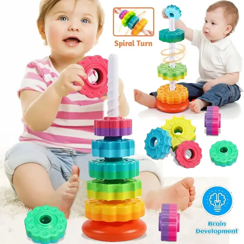 Children's Montessori Educational Sensory Toddler Spinning Rainbow Gear Stacking Toy Motor Skills Stacking Tower Children's Gift