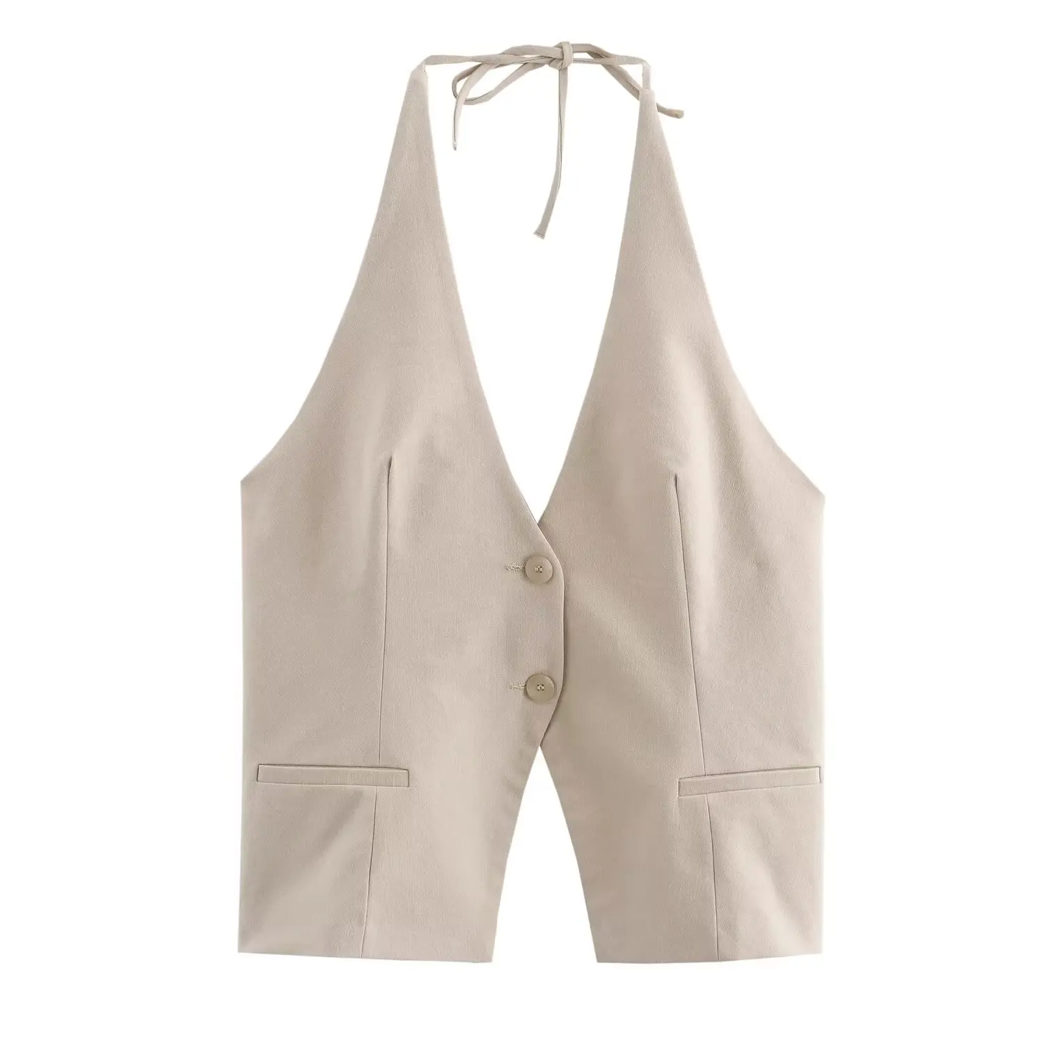 thumbnail image 1 of HH TRAF Mujeres Nueva Moda Color Sólido Sarga Sin Mangas Cuello Halter Top Femenino Elegante Tirantes Sin Espalda High Street Casual Top, 1 of 5