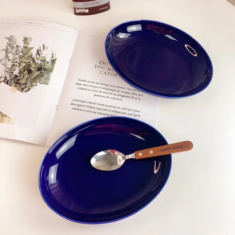 Ins Jiwu Blue Irregular Light Food Bowl Salad Bowl Korean Sapphire Blue Oval Fish Plate Deep Plate Ceramic Soup