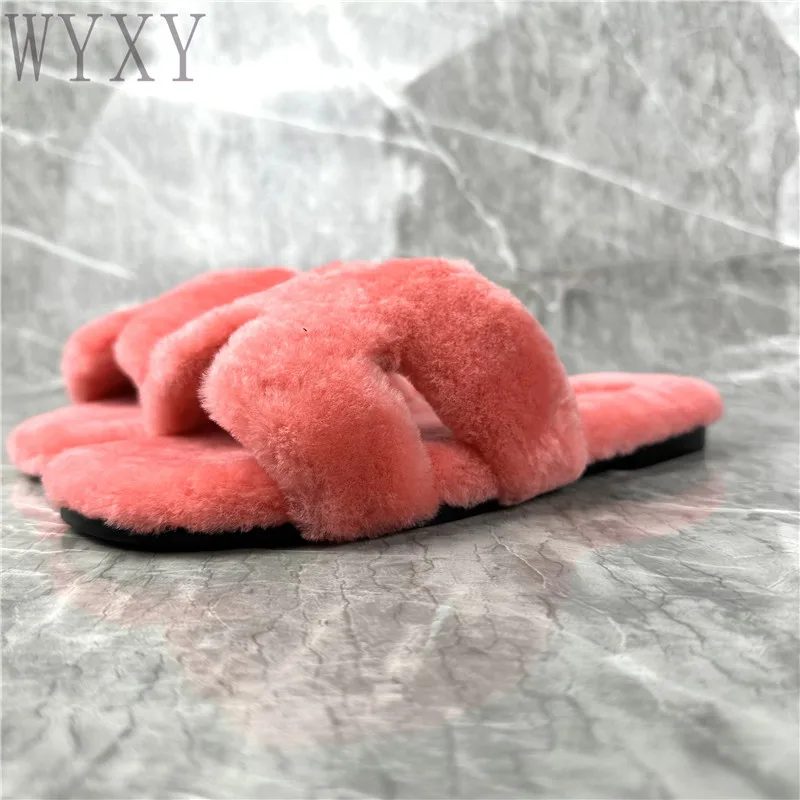 

Autumn Winter New Fashion Wool Flat-bottomed Slippers Woman Super Versatile Simple Warm Open Toe Women Shoes Big Size 35-43 2023
