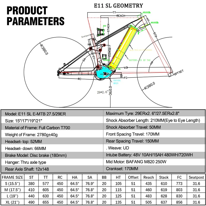 Carbon Electric Bike Frame M820 Mid-Motor 250W E-bike Frame 27.5/29ER 15/17/19/21inch Carbon Gray MTB Intube Battery