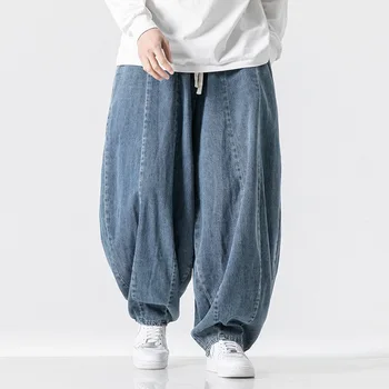 2025 New men's pants in plus size Japanese retro loose Haren straight leg pants Hong Kong style wide leg denim lantern pants 1