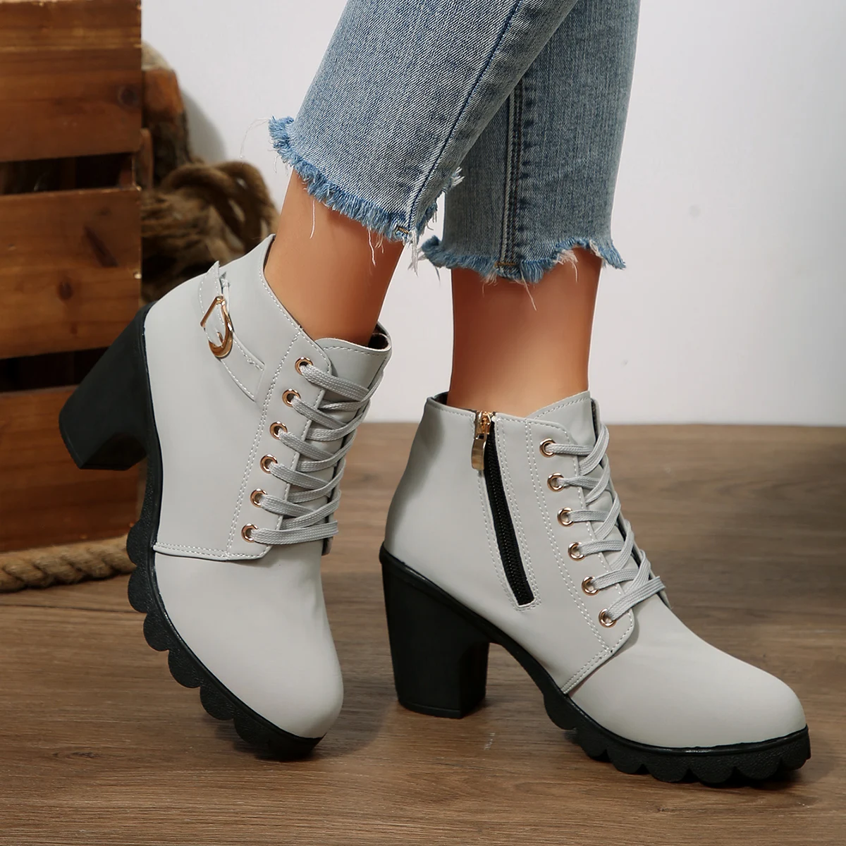 Women's Black Leather Chunky Heel Ankle Boots with Wide Buckle and Side Zipper