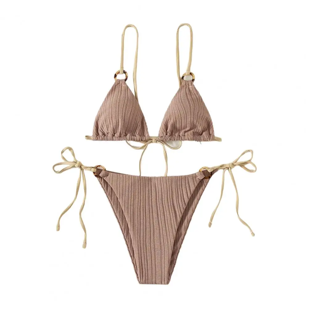 Padded Three-point Women Bikini Set Solid Color Spaghetti Strap Hoop Women Swimsuit Two-piece Swimwear Wireless Bathing Suit