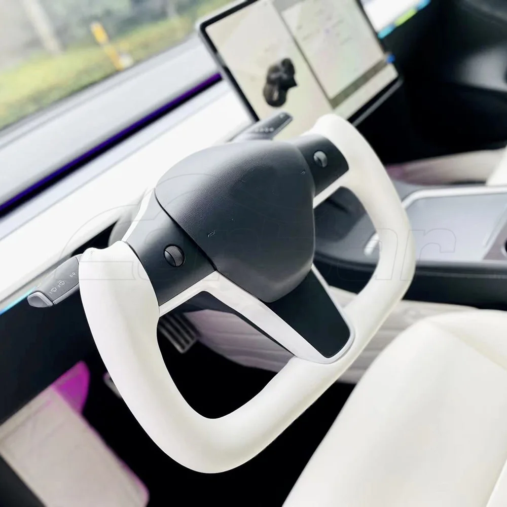 Carbar Yoke Steering Wheel Racing For Tesla Model 3 Model Y 2017-2022  Leather Carbon Fiber Black White Color Heating Optional