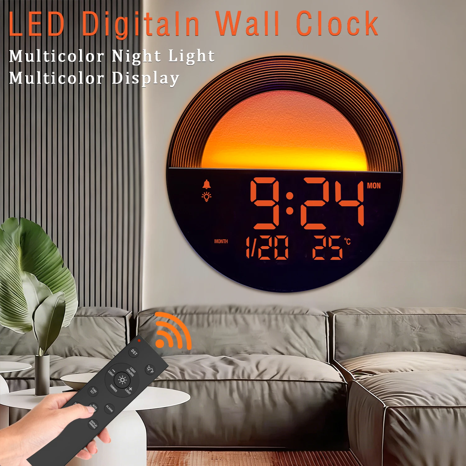 Relógio de parede digital LED com calendário de controle remoto RGB colorido luz noturna temperatura para sala de estar quarto escritório casa