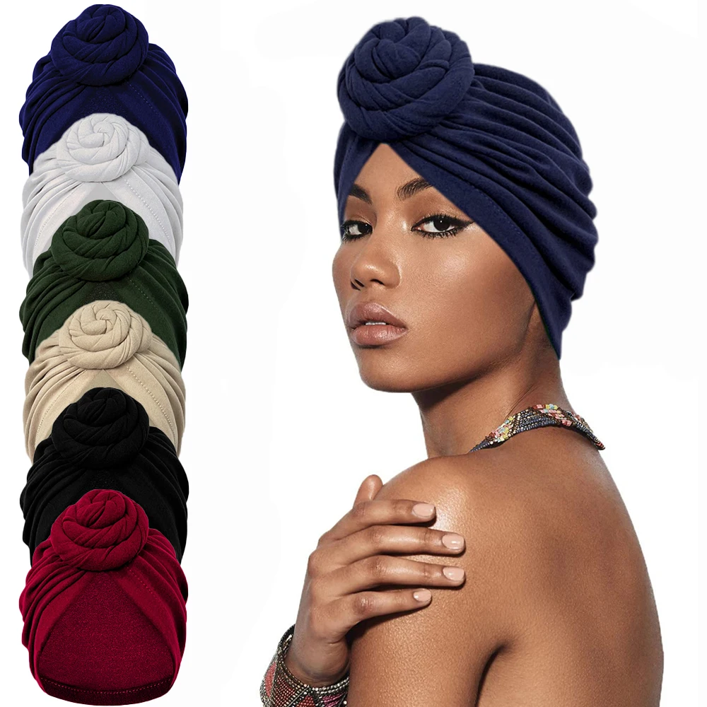 

Muslim Turban Hat Top Knot Flower Decor Headwrap Fashion Women African Bonnet Beanie Cap Headscarf Chemo Ladies Hair Cover