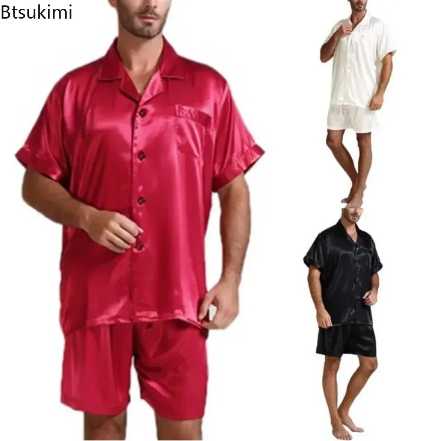 2024 Men's Summer 2Pcs Pajamas Suits Sets Satin Silk Short Sleeve Sleepwear Nightwear Homewear Tops+pants Male Silk Pajamas