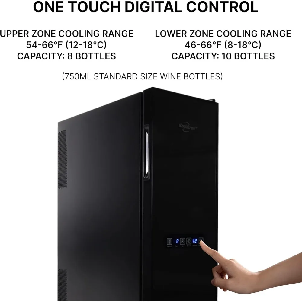 18 Bottle Slim Dual Zone Wine Cooler, Black Thermoelectric Wine Fridge, 1.9 cu. Ft (53L) Freestanding Cellar