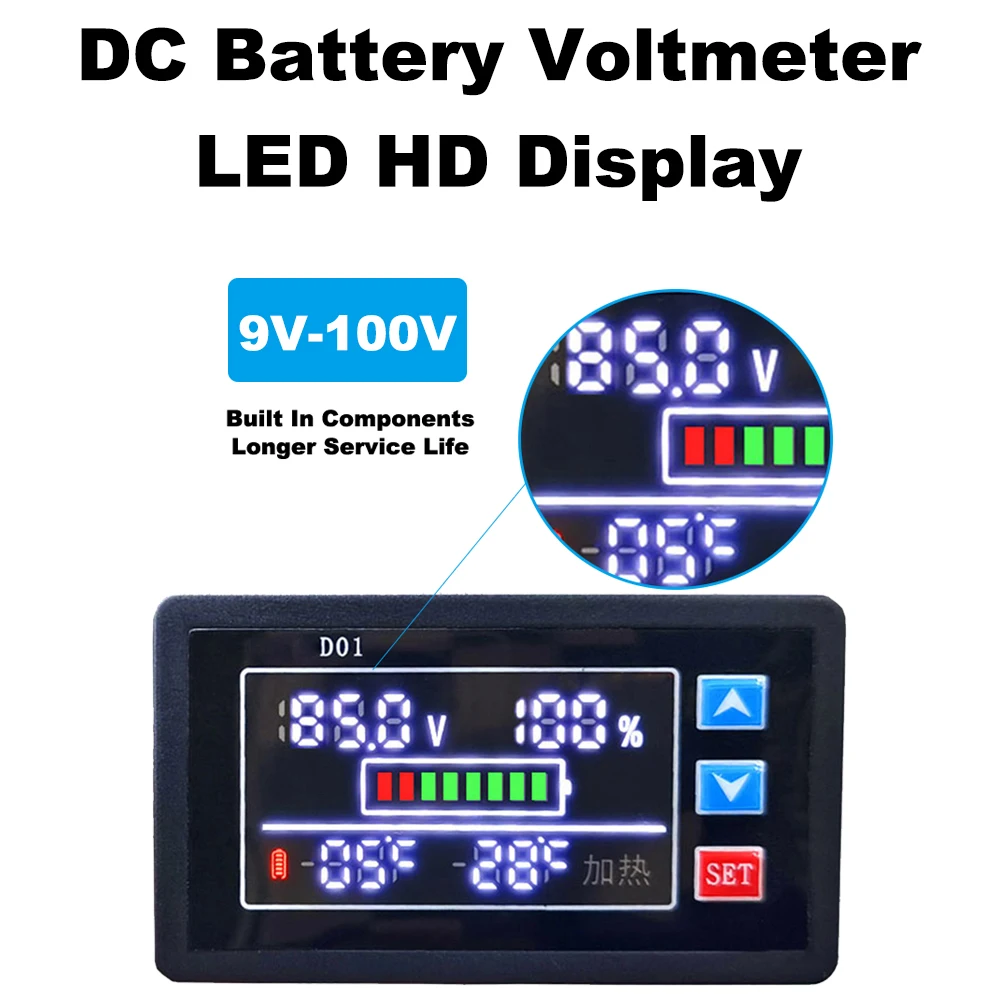 

DC Battery Voltmeter DC 9V-100V Capacity Indicator Power Meter Lithium Lead-acid Cell LED Battery with Temperature Controller
