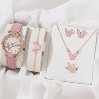Luxury Watch Women Ring Necklace Earrings Bracelet Set Watches Butterfly Leather Strap Ladies Quartz WristWatch No Box 1