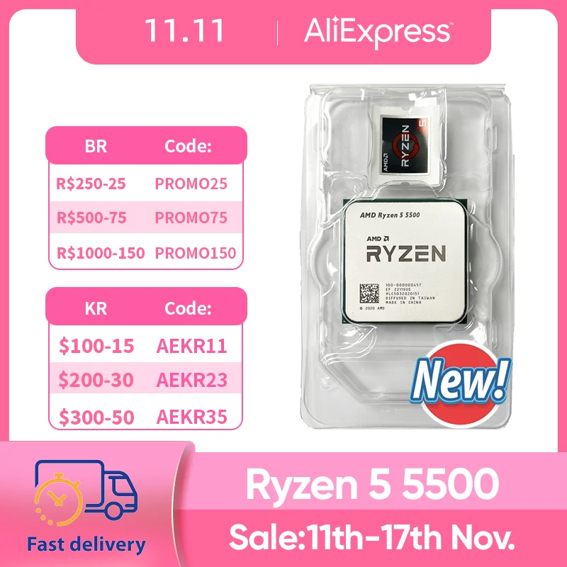 AMD Ryzen 5 5500 R5 5500 3.6 GHz 6-Core 12-Thread CPU Processor 7NM L3=16M 100-000000457 Socket AM4 New but without cooler 