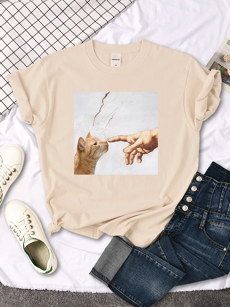 T Shirt Funny Cute Cat And Manpower Printed Womens T-Shirt Kawaii Fashion Woman Clothes Oversized Harajuku Tshirt For Women's