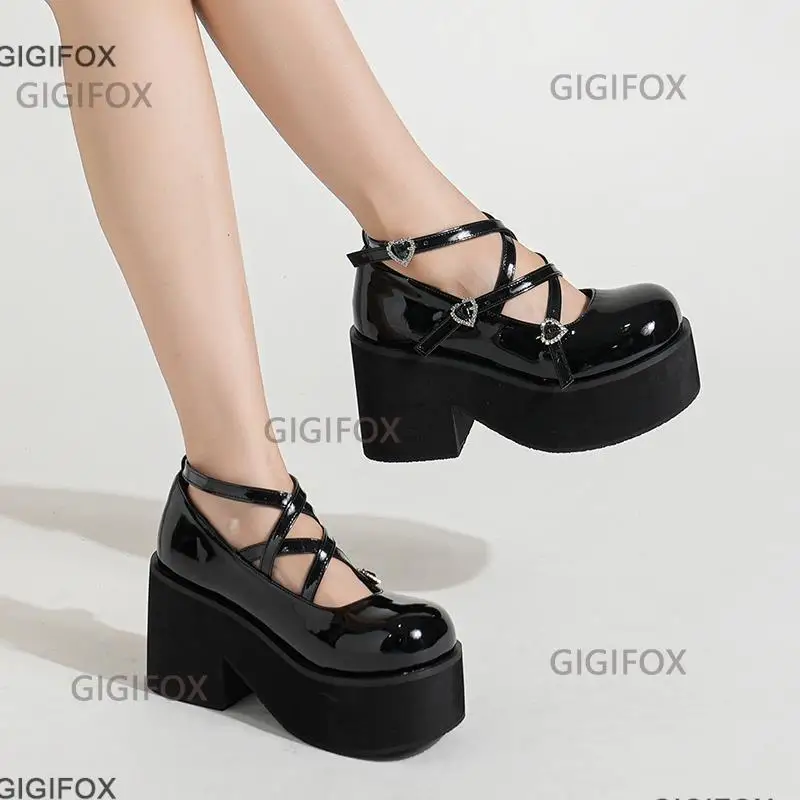 GIGIFOX Platform Mary Jane Pumps For Women Chunky High Heels Cross Strap Mary Janes Shoes Spring Casual School Pumps Round Toe