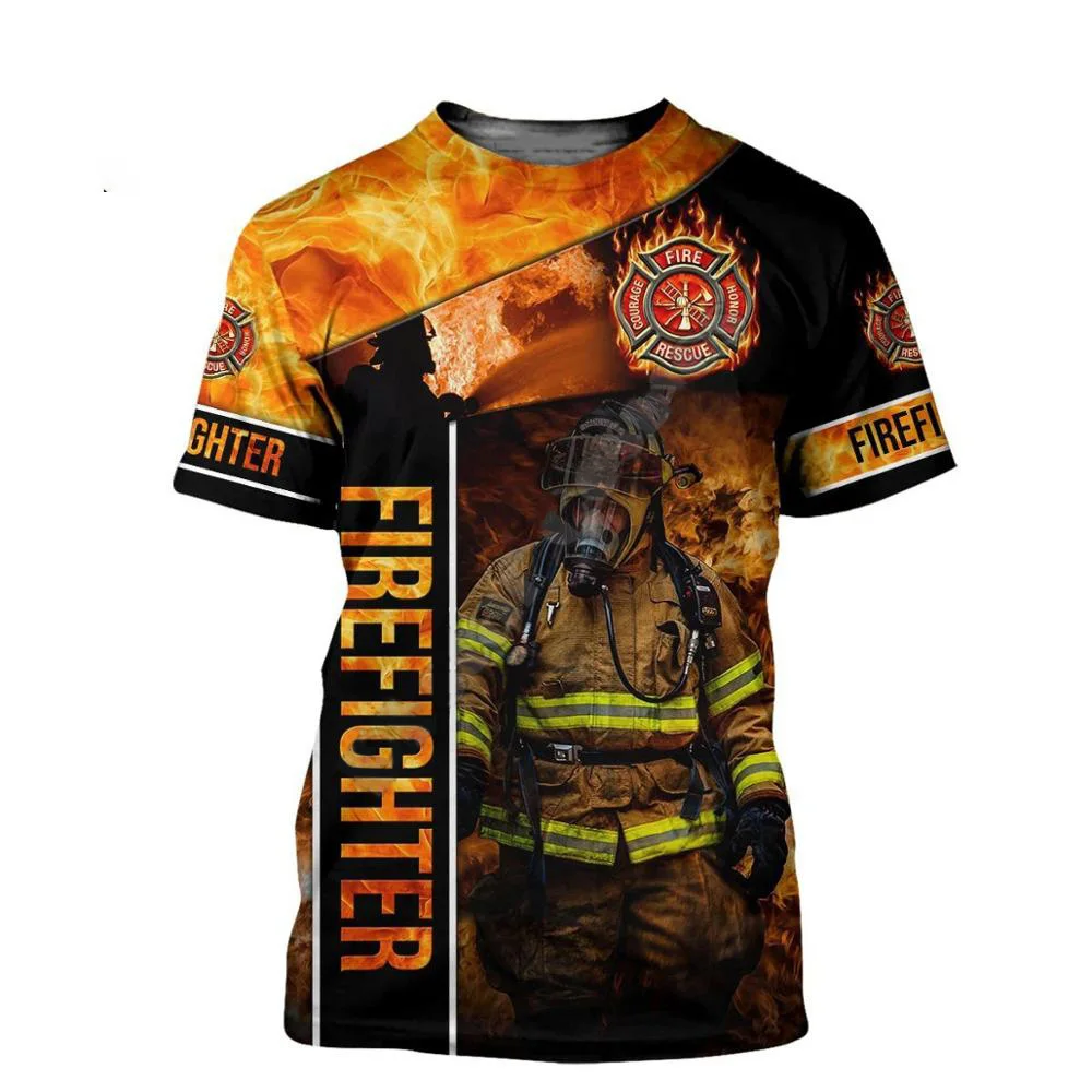 Large Size Men's T-shirt 3D Firefighter HD Print Short