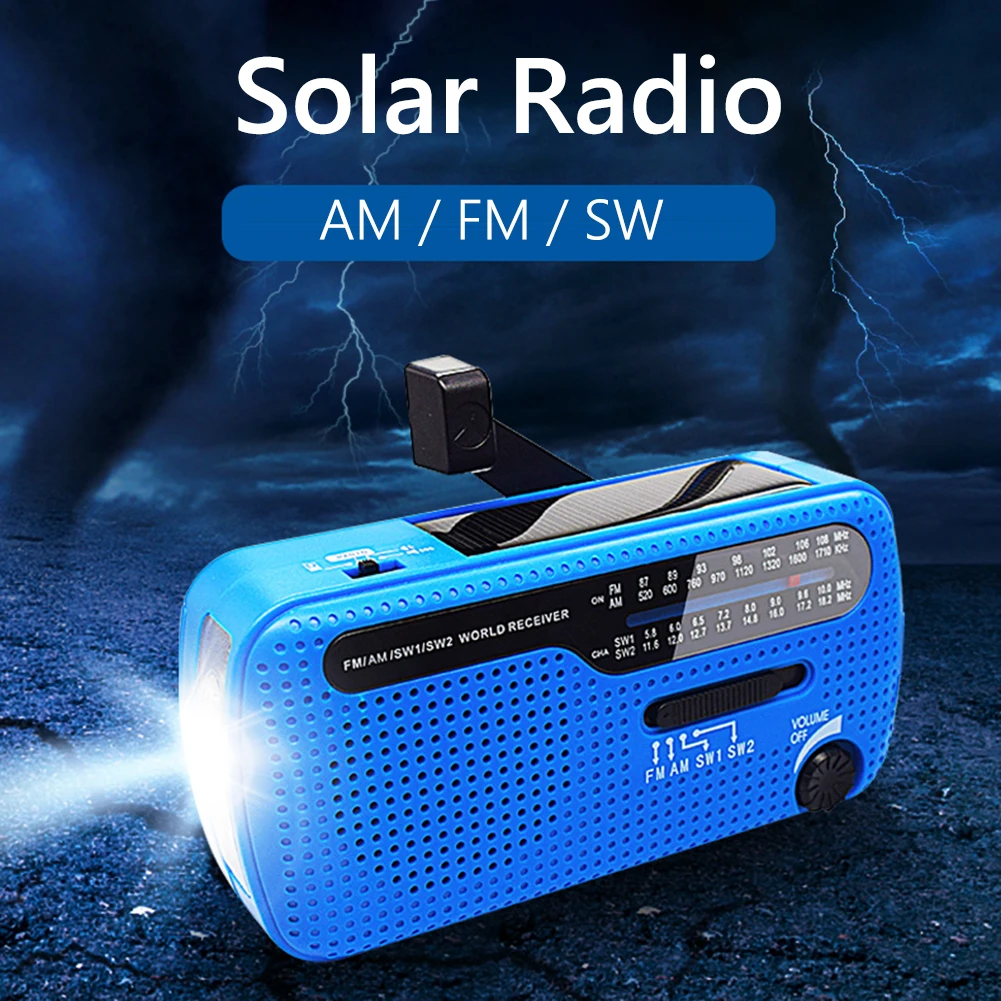 캠핑 서바이벌 라디오, 1200mAh LED 토치 SOS 알람, USB 태양광 핸드 크랭크 라디오