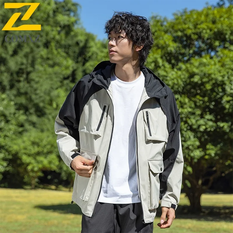 COMXZ 2025 Spring Autumn Jacket Men Hooded Loose Fit Workwear Mountain Style Outdoor Color Block Patchwork Casual Windbreaker
