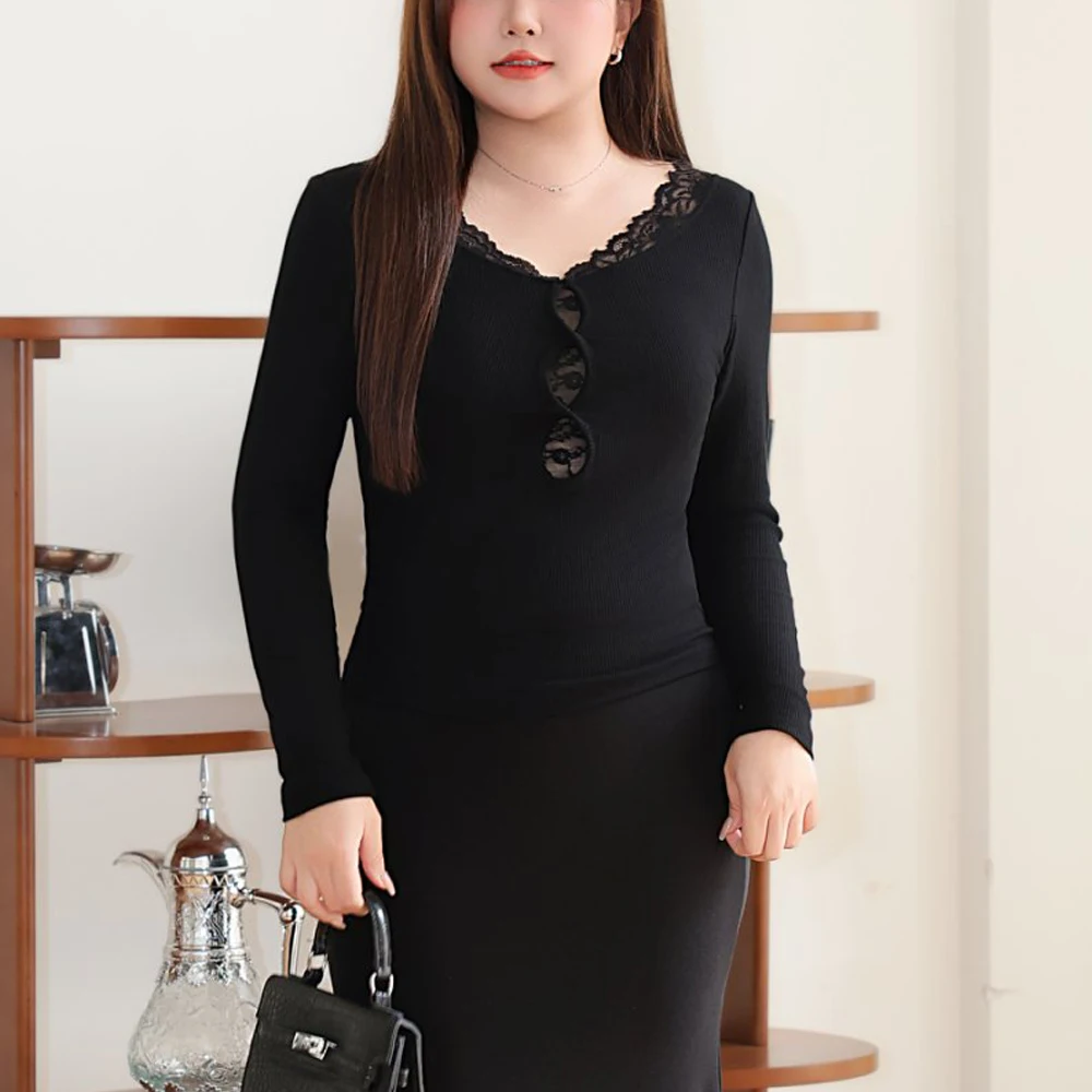 Plus Size Sexy Knotted Lace Cutout Slim Fit V-Neck Long Sleeve T-Shirt Autumn Casual Women's Top Comfortable Premium