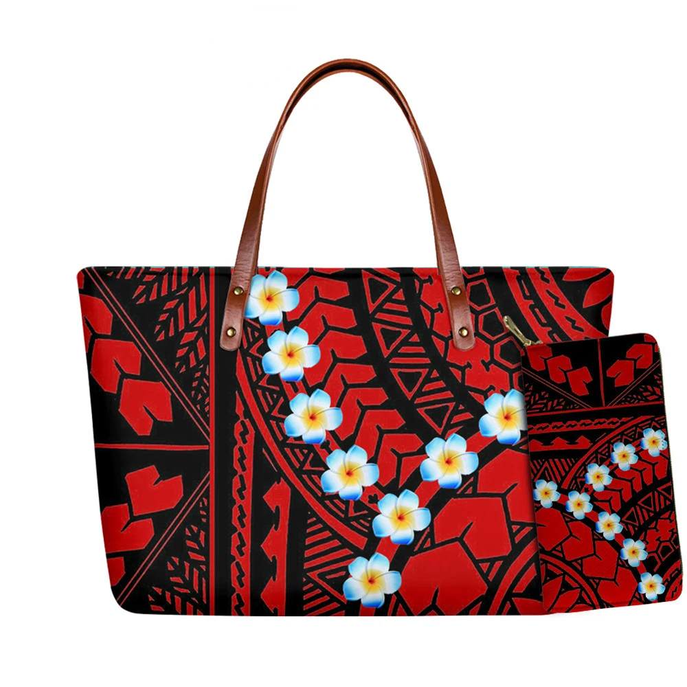 

HOMDOW Pretty Polynesian Tribal Plumeria Printed Women Shoulder Bag Large Capacity Tote Handbag 2Pcs/Set Messenger Blosa
