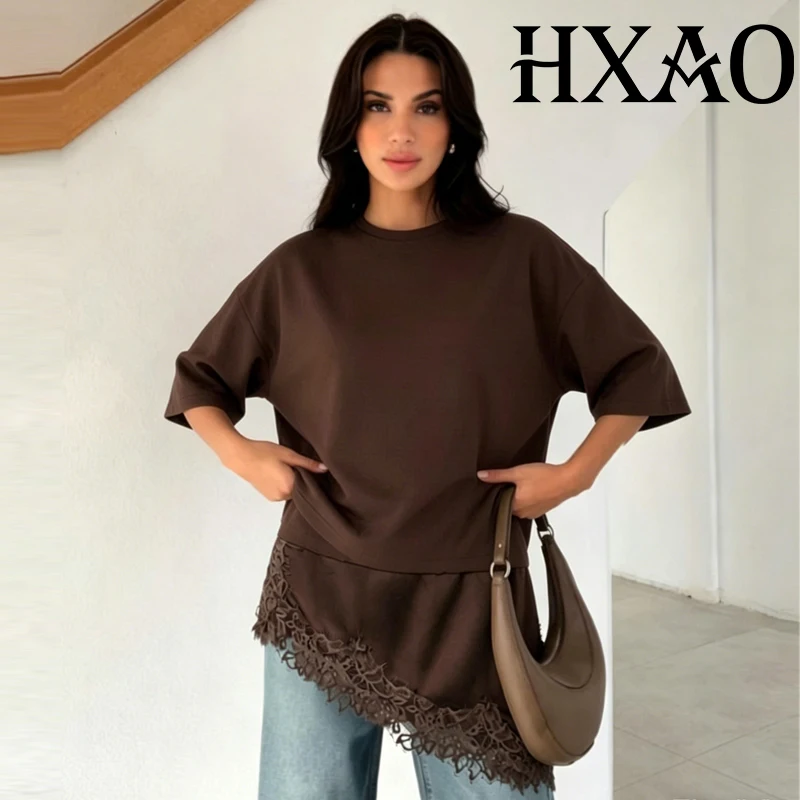 HXAO Braunes Spitzen-T-Shirt-Oberteil für Damen, Sommer, kurzärmelig, langes Damen-T-Shirt, asymmetrisch, locker, schwarz, cremefarben, Damen-T-Shirts