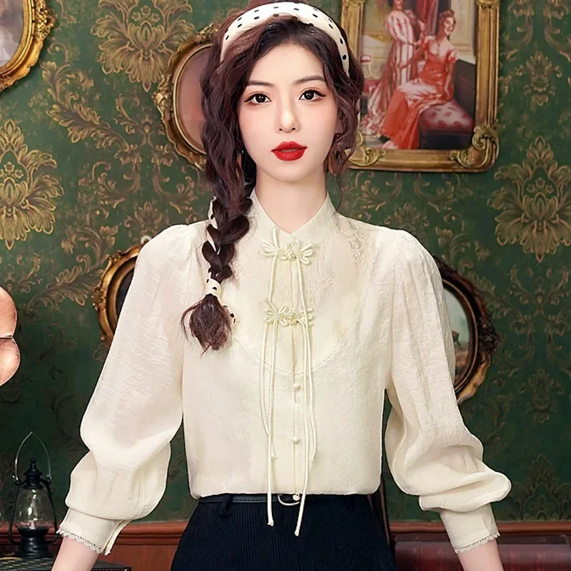 

Модная блузка с длинным рукавом, женские блузки, модная блузка 2024 в китайском стиле, с воротником-стойкой, абрикосовая женская блузка, рубашка, топы, блуза H521