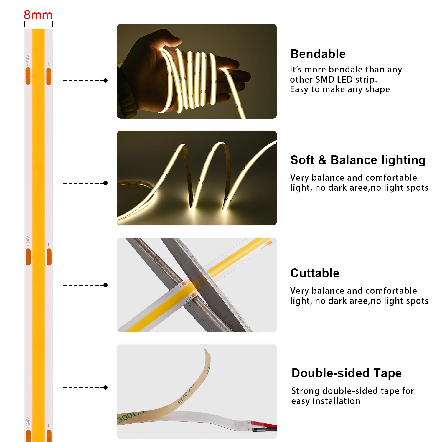 20m 초장거리 COB LED 스트립 라이트 480LEDs/m 65.6ft 초고휘도 유연한 LED 리본 테이프 24V 디밍 가능 RA90 LED 선형 조명