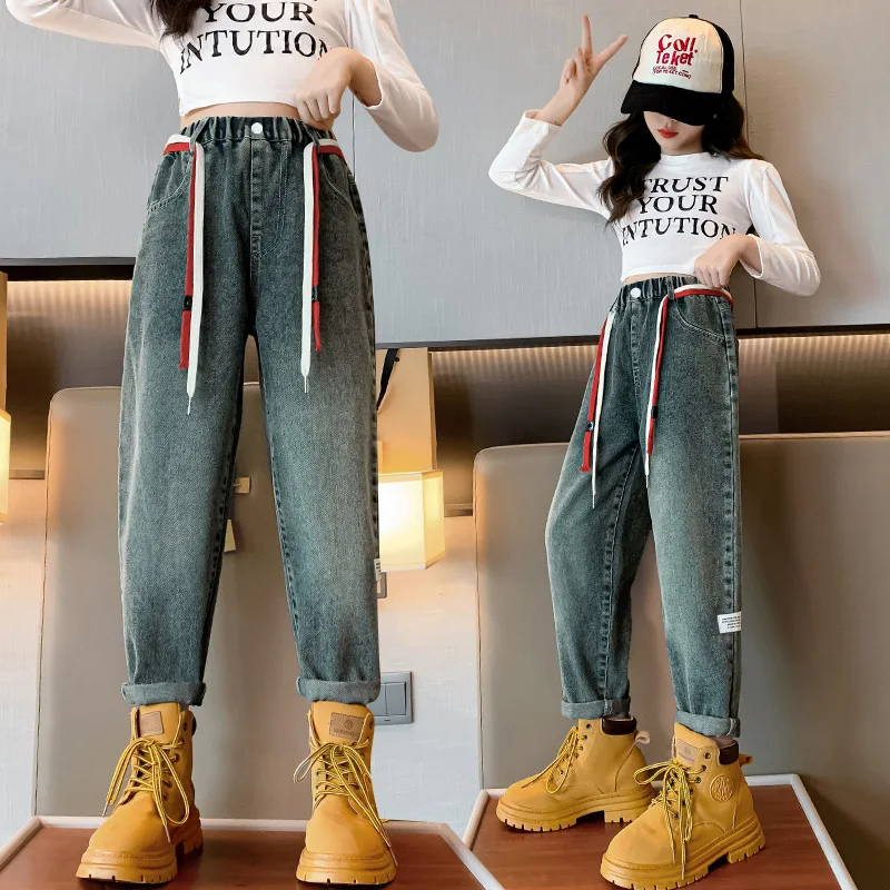 

Girls Elastic High Waist Patchwork Jeans Loose Blue Denim Pants for Teen Straight Trousers Casual Harem Jean Clothing 6-14 Years