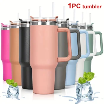 1Pc Insulated Reusable Double Wall Tumbler with Handle and Straw Lid, Stainless Steel Water Bottle, Travel Mug, 40 OZ 1